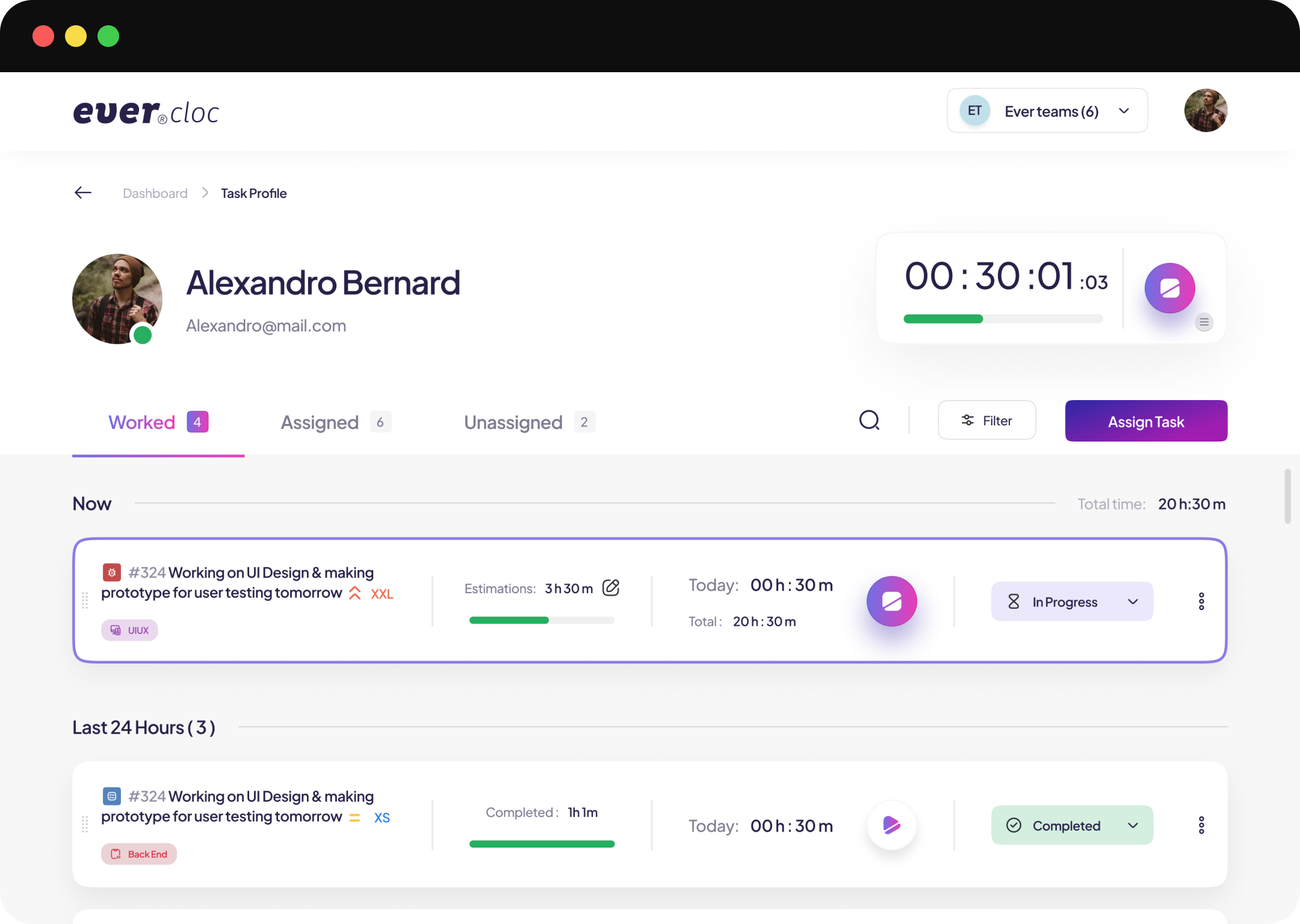 The Ever Teams task profile screen, showing a running timer above a list of assigned tasks