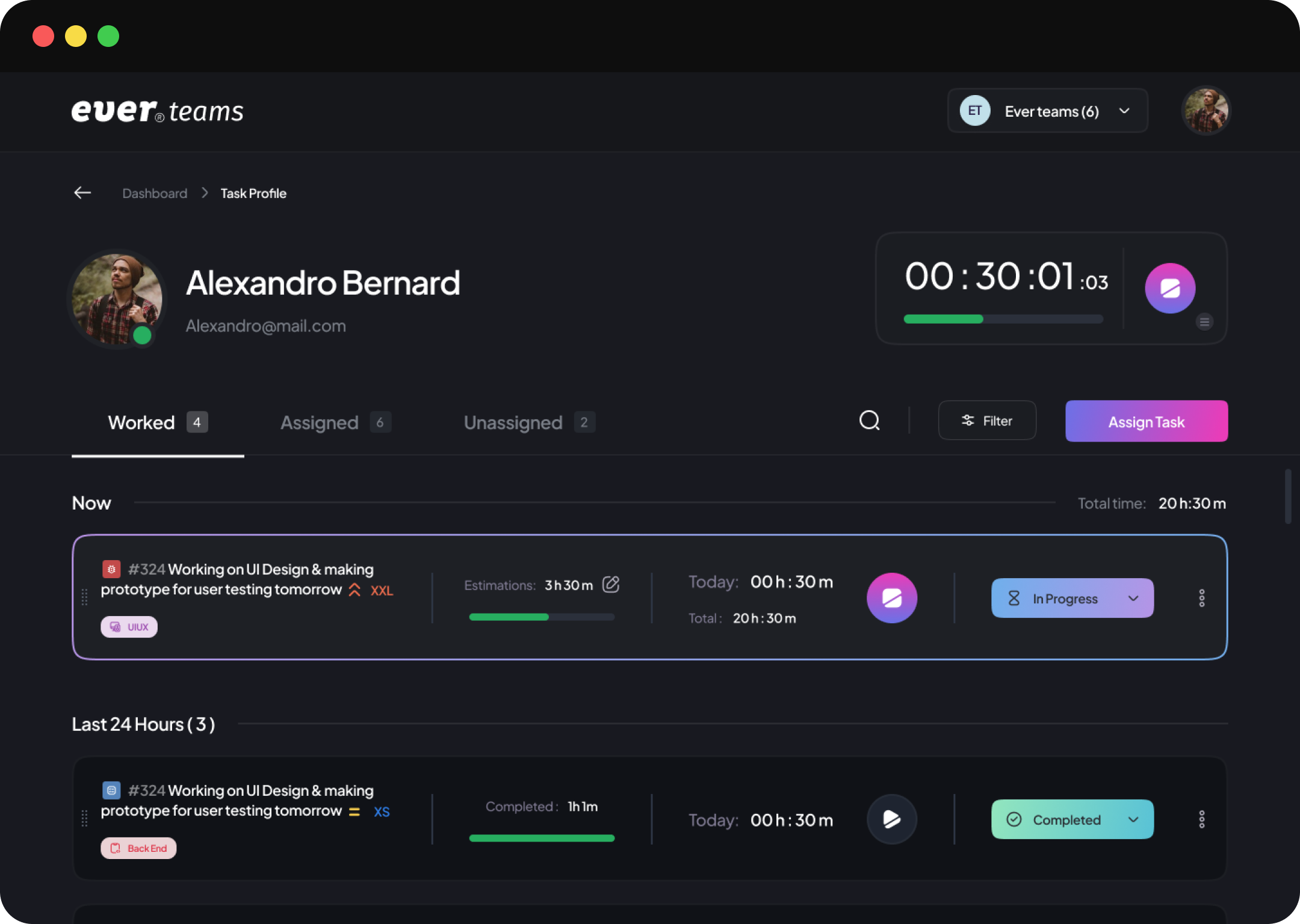 The Ever Teams task profile screen, showing a running timer above a list of assigned tasks